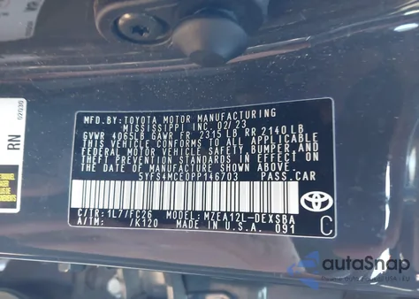 2023 Toyota Corolla из США, поврежденный, VIN 5YFS4MCE0PP146703